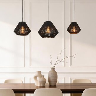 Modern Ives pendant light made of black paper cord, 3-light design
