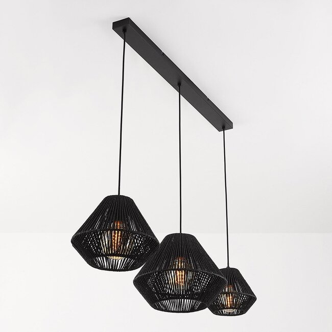 Modern Ives pendant light made of black paper cord, 3-light design