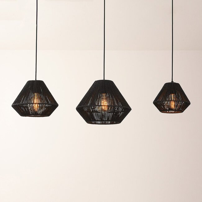 Modern Ives pendant light made of black paper cord, 3-light design