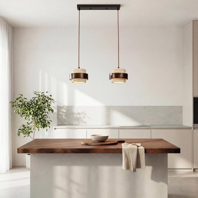 2-light Travé pendant light made of travertine (natural stone) and wood