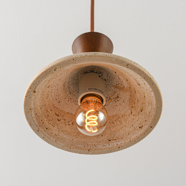 Japandi pendant light made of travertine (natural stone) and wood - Mara