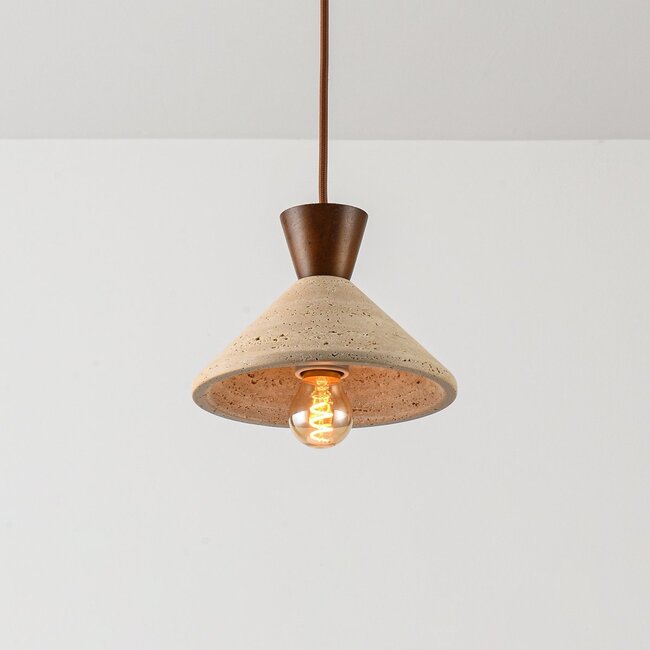 Japandi pendant light made of travertine (natural stone) and wood - Mara