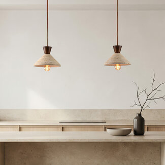 2-light Japandi pendant light Mara made of travertine (natural stone) and wood