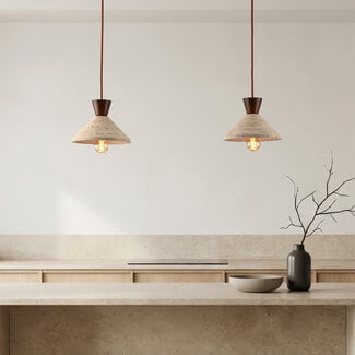 2-light Japandi pendant light Mara - travertine (natural stone) and wood