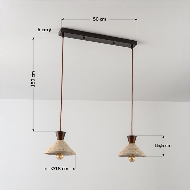 2-light Japandi pendant light Mara - travertine (natural stone) and wood