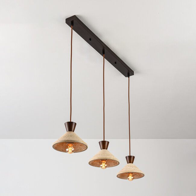 3-light Japandi pendant light Mara made of travertine (natural stone) and wood