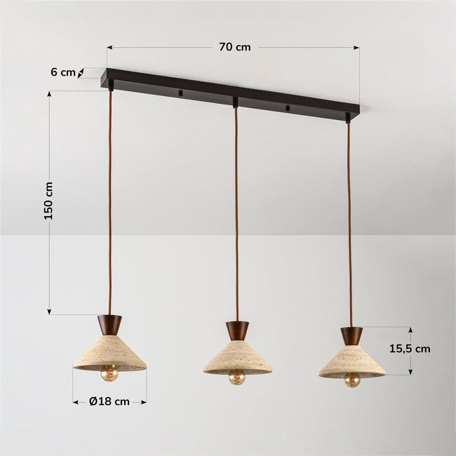 3-light Japandi pendant light Mara made of travertine (natural stone) and wood