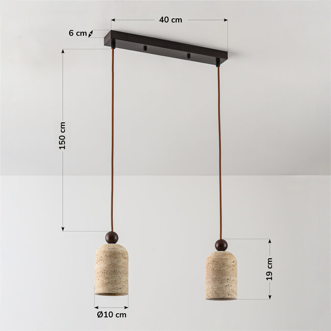 Japandi Voro pendant light made of travertine (natural stone) and wood, 2 lights
