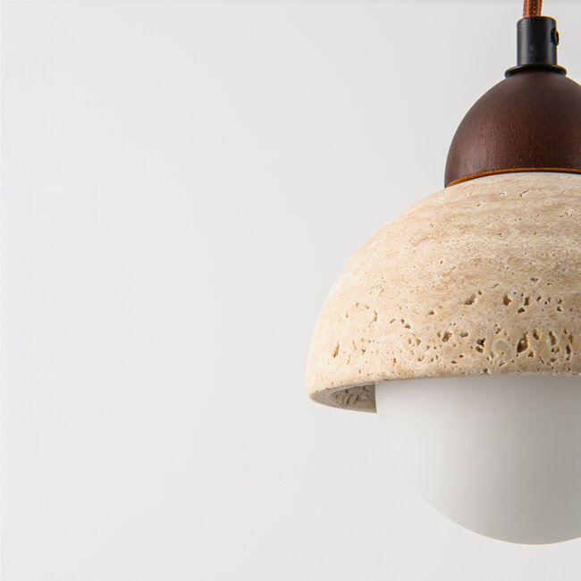 Pendant light Vado made of travertine (natural stone), wood and opal white glass