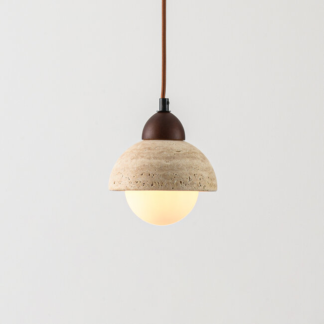 Pendant light Vado made of travertine (natural stone), wood and opal white glass