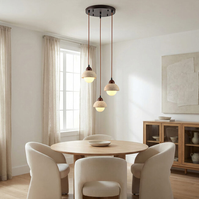 Japandi Vado pendant light made of travertine (natural stone), wood and glass, 3-light