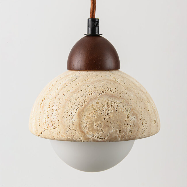 Japandi Vado pendant light made of travertine (natural stone), wood and glass, 3-light