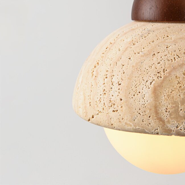 Japandi Vado pendant light made of travertine (natural stone), wood and glass, 3-light