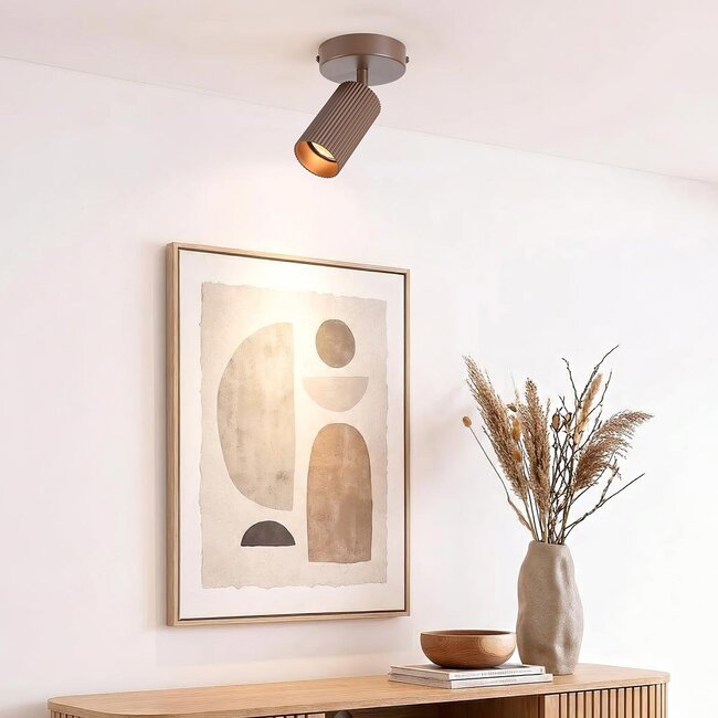 Blaze ceiling light in ribbed brown with adjustable spotlight