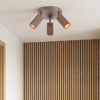 Round ceiling lamp Blaze with 3 adjustable spotlights, ribbed brown