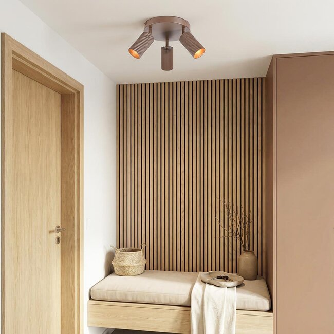 Round ceiling light Blaze with 3 adjustable spotlights - ribbed brown
