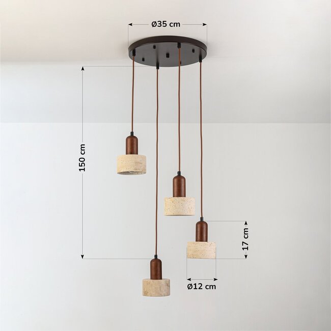Japandi pendant light Muro made of travertine (natural stone) and wood, 4 lights