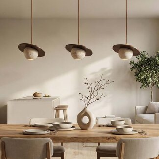 3-light pendant light with travertine (natural stone) and wood - Tona