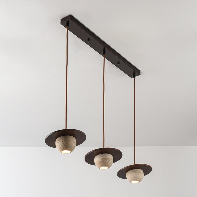 3-light pendant light Tona - travertine (natural stone) and wood