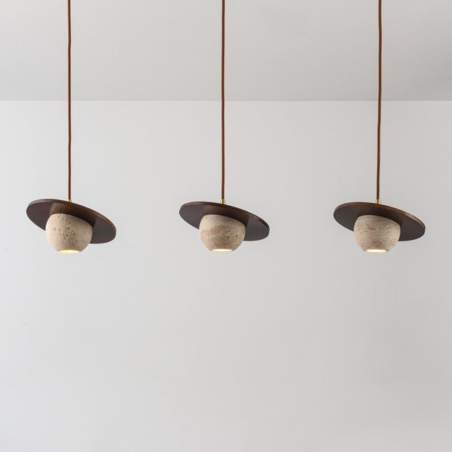 3-light pendant light with travertine (natural stone) and wood - Tona
