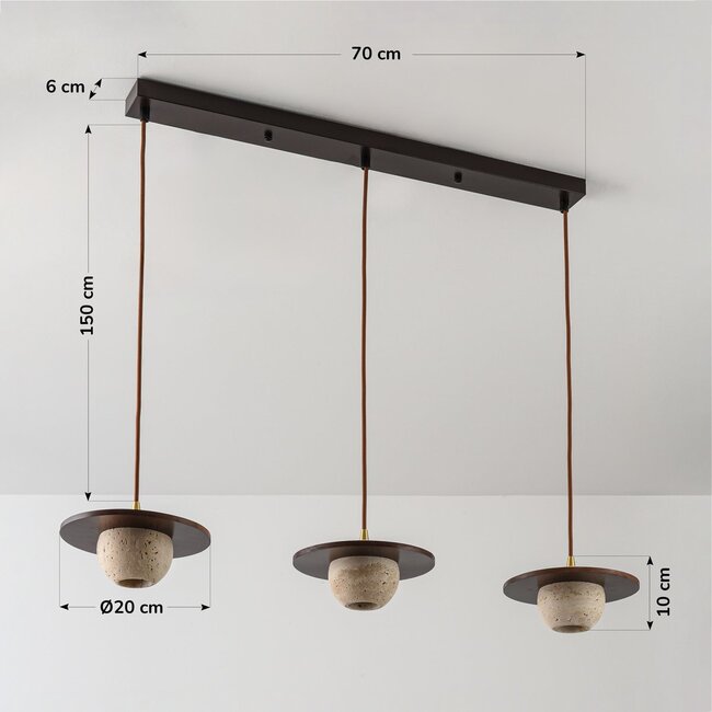 3-light pendant light Tona - travertine (natural stone) and wood