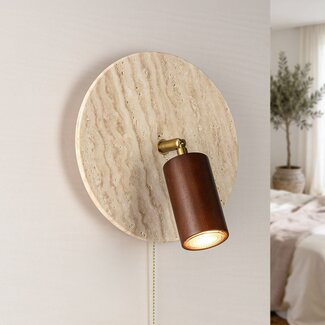 Wall light Sira with adjustable spotlight made of travertine (natural stone) and wood incl. Philips bulb