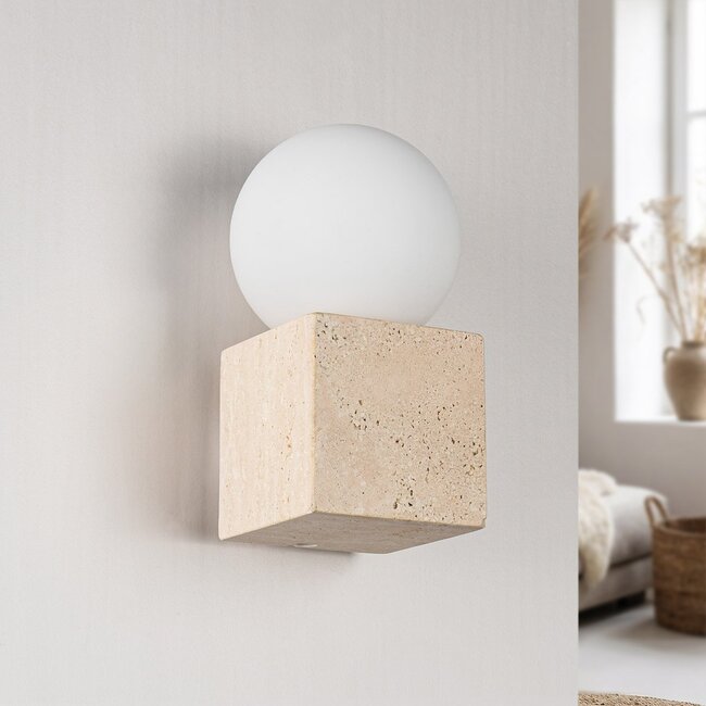 Square travertine wall light and opal white glass - Marno