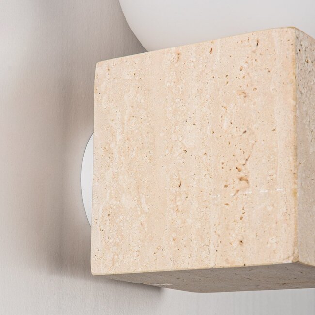 Square travertine wall light and opal white glass - Marno