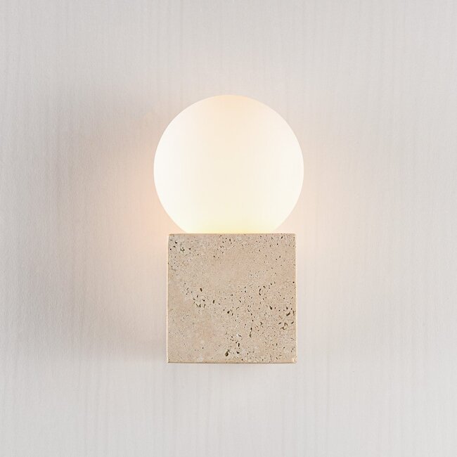 Square travertine wall light and opal white glass - Marno