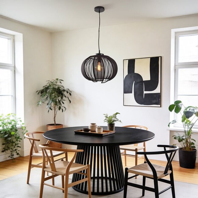 Lofas Pendant Light with Open Metal Shade and Black Linen