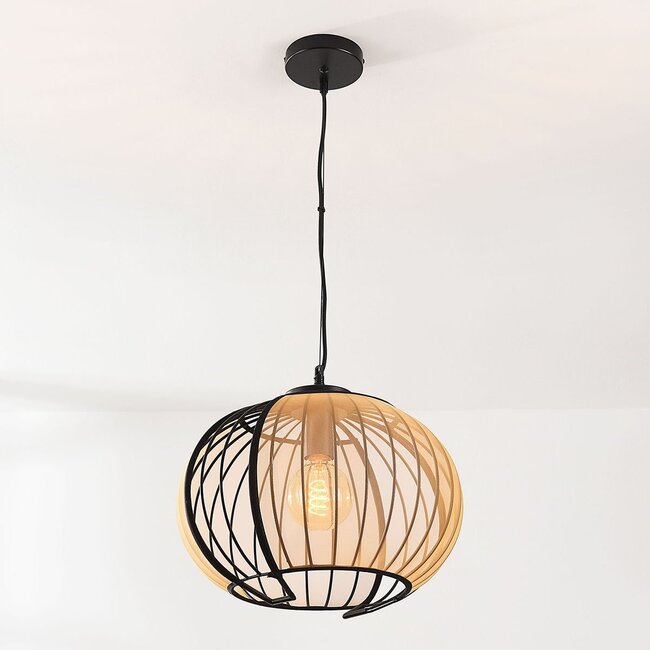 Pendant light Lofas black with open metal shade and beige linen
