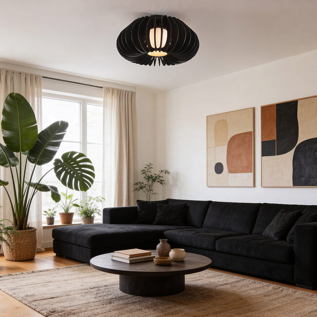 Wood ceiling light Roia with black slats, open round shape and diffuser