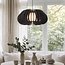 Wooden Rorka pendant light with black slats, open round shape and diffuser