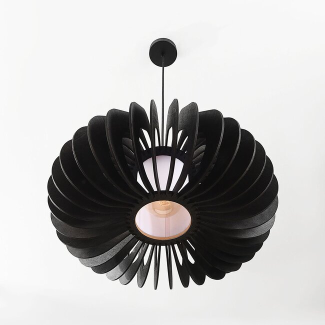 Wooden Rorka pendant light with black slats, open round shape and diffuser