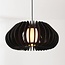 Wooden Rorka pendant light with black slats, open round shape and diffuser