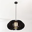 Wooden Rorka pendant light with black slats, open round shape and diffuser