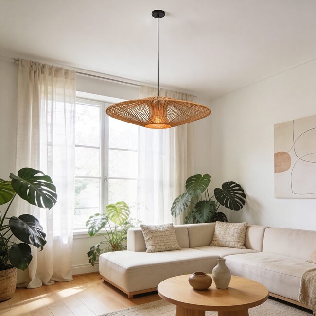 Pendant light Orana with double hand-woven paper shade in natural