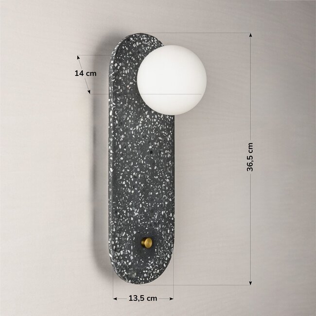 Wall lamp Vero in cement and opal-white glass with dark grey terrazzo look