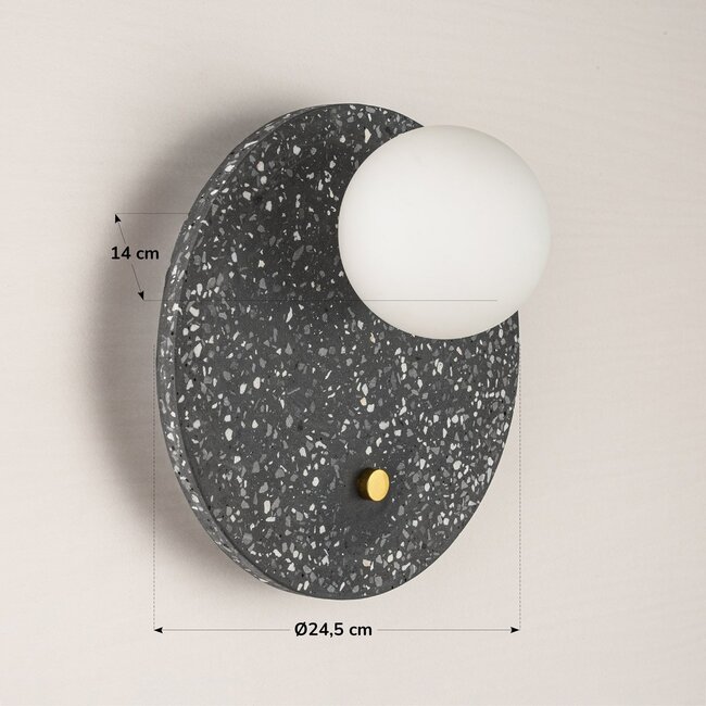 Round wall light made of cement and opal white glass with a dark grey terrazzo look - Vero