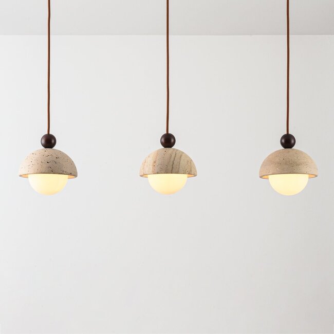 3-light pendant light Vara - travertine (natural stone), wood and opal white glass