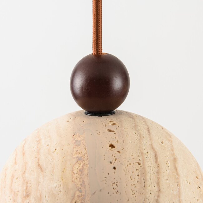 3-light pendant light Vara - travertine (natural stone), wood and opal white glass