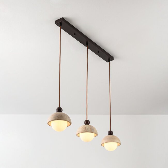 3-light pendant light Vara - travertine (natural stone), wood and opal white glass