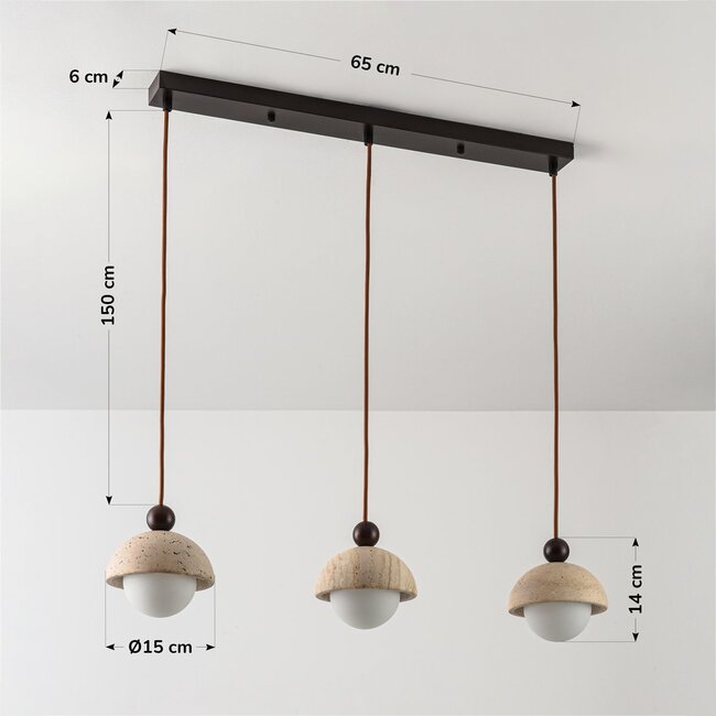 3-light pendant light Vara - travertine (natural stone), wood and opal white glass