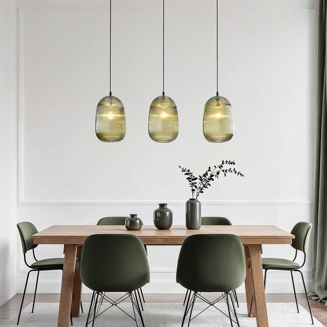 3-light pendant light Elisa in ribbed glass - green
