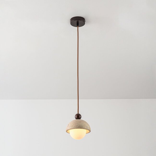 Pendant light Vara made of travertine (natural stone), wood and opal white glass