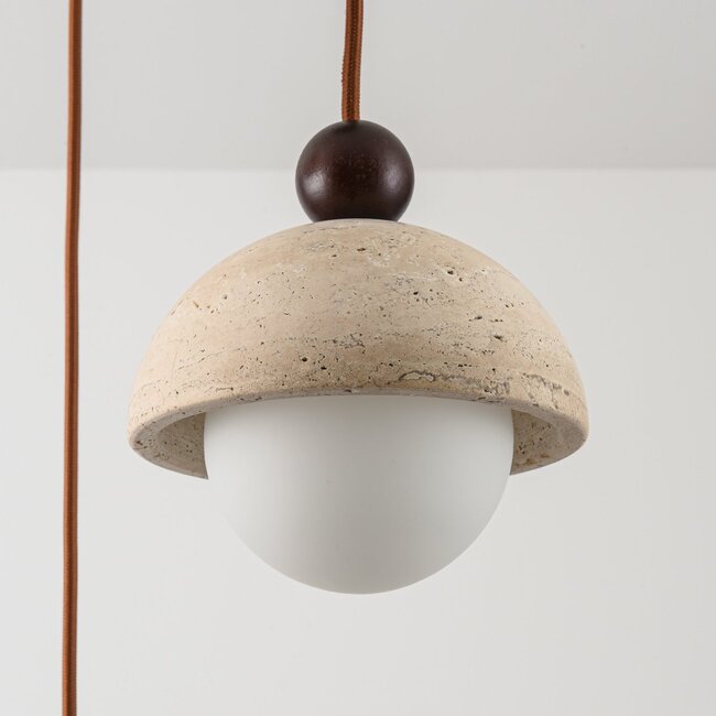 Modern pendant light made of travertine (natural stone), wood and opal white glass, 3-light - Vara