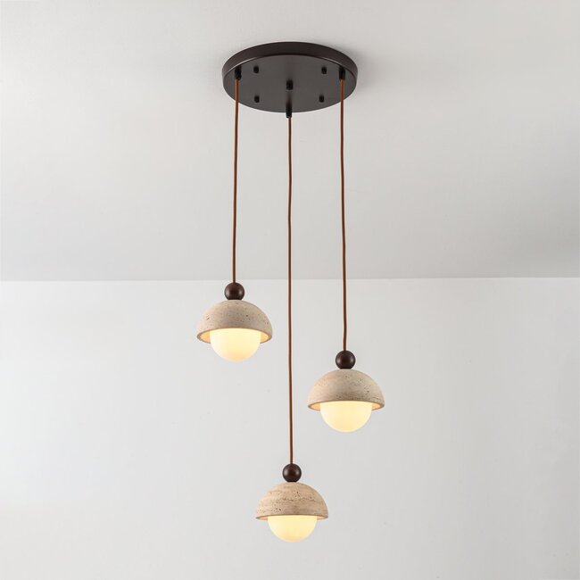 Modern pendant light made of travertine (natural stone), wood and opal white glass, 3-light - Vara
