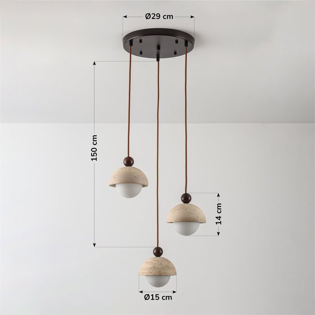 Modern pendant light made of travertine (natural stone), wood and opal white glass, 3-light - Vara