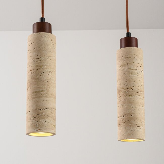 4-light pendant light Oreno - travertine (natural stone) and wood, including light source