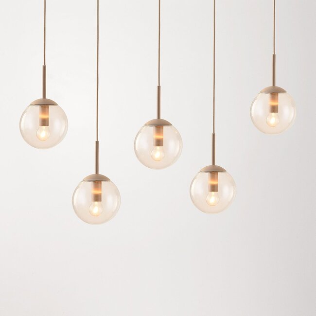 5-light pendant light Alea - beige with clear glass globes